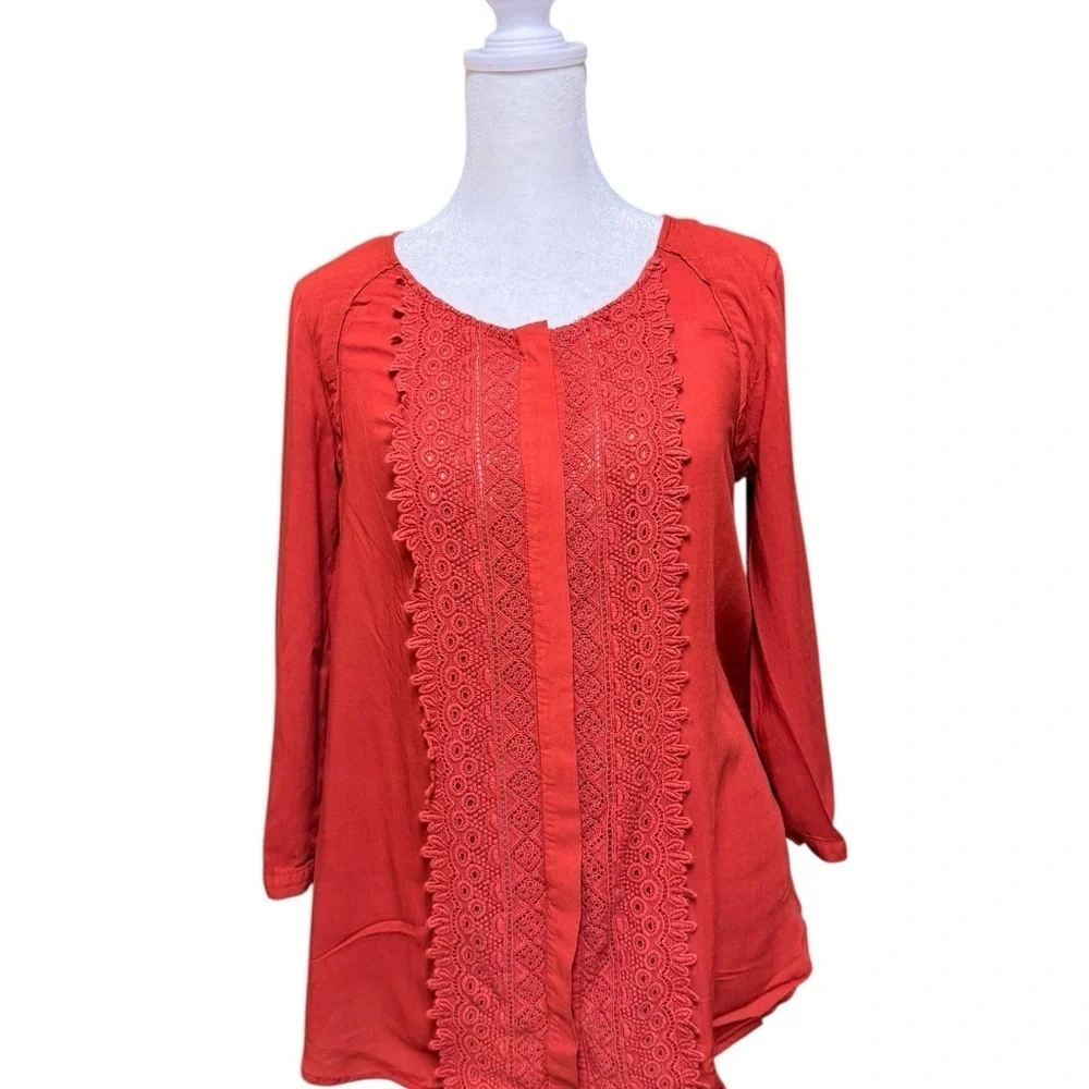 Maeve Anthropologie Blouse Rust Orange Embroidered Lace Front Size 4